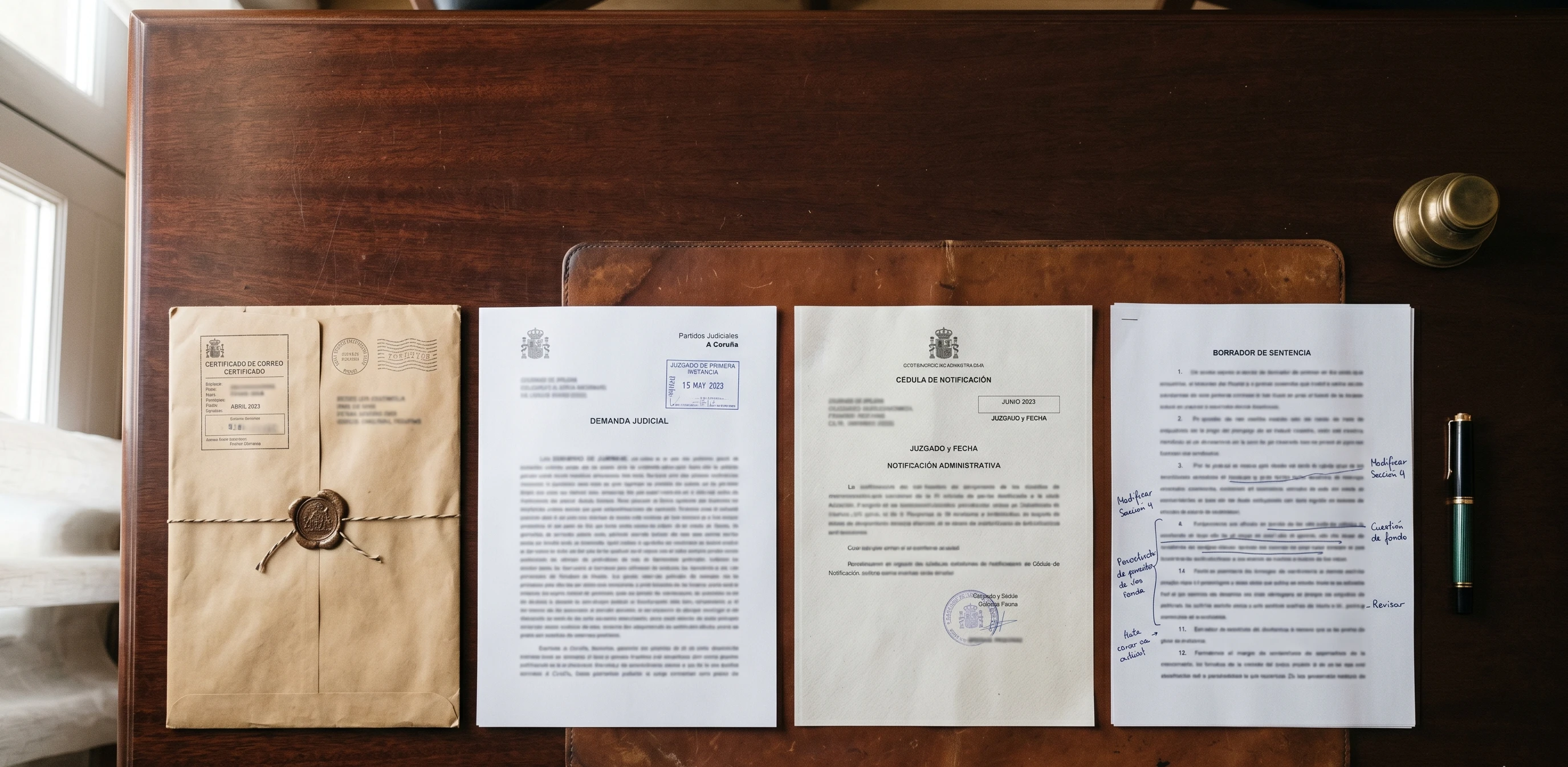 Documentos de un procedimiento monitorio bancario dispuestos en secuencia sobre una mesa de despacho: oferta vinculante, petición inicial, requerimiento de pago y borrador de oposición
