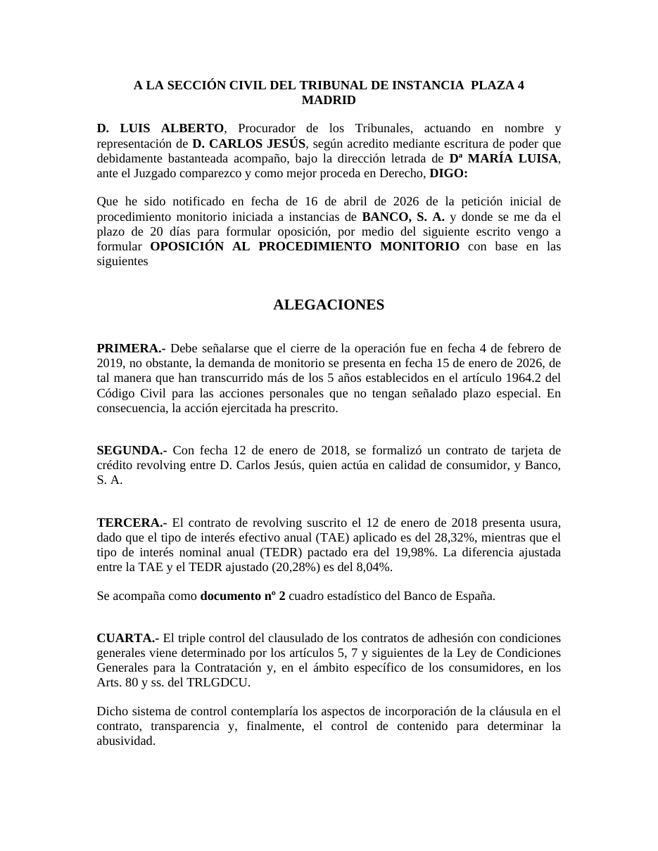 Primera página de una oposición a monitorio sobre tarjeta revolving generada por Axioma Draft